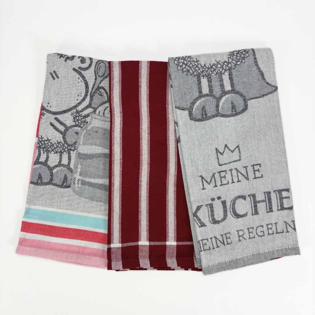 Set tris di strofinacci 50x70cm LineaBlu art. Kitchen Towels in 100% puro cotone a fantasia 2 Perla 1 Bordeaux