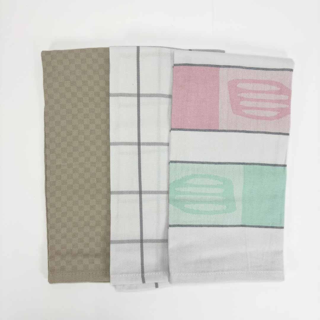 Set tris di strofinacci 50x70cm LineaBlu art. Kitchen Towels in 100% puro cotone a fantasia 2 Bianchi 1 Tortora