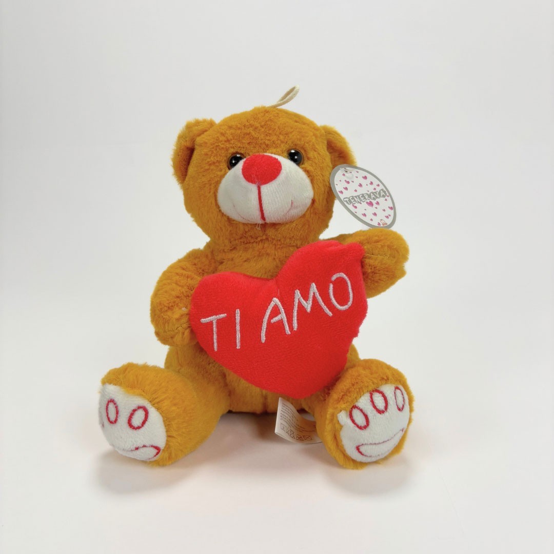 Peluche orsacchiotto altezza 18cm Tenerava art.156 arancione con cuore rosso con scritta Ti Amo