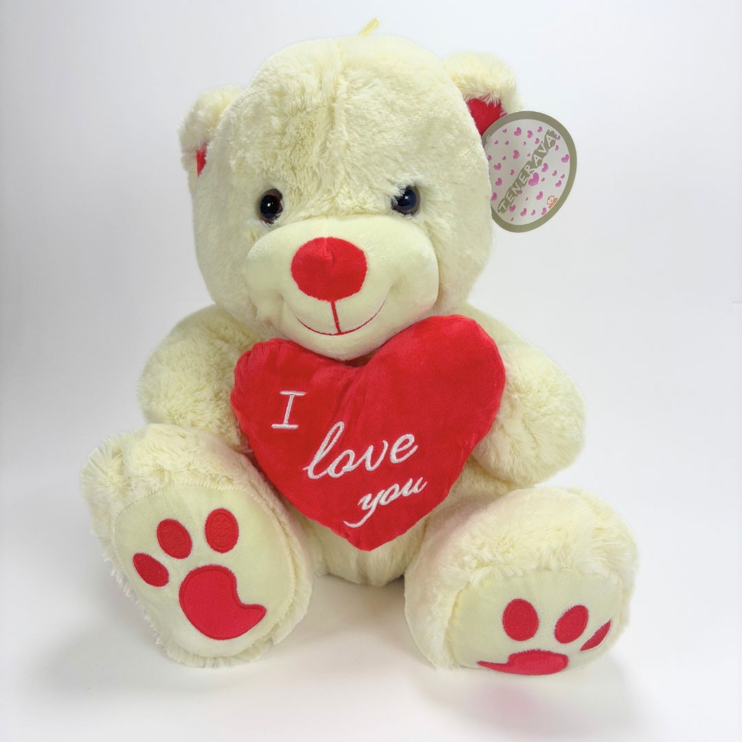 Peluche orsacchiotto altezza 40cm Tenerava art.967 panna con cuore rosso con scritta I Love You