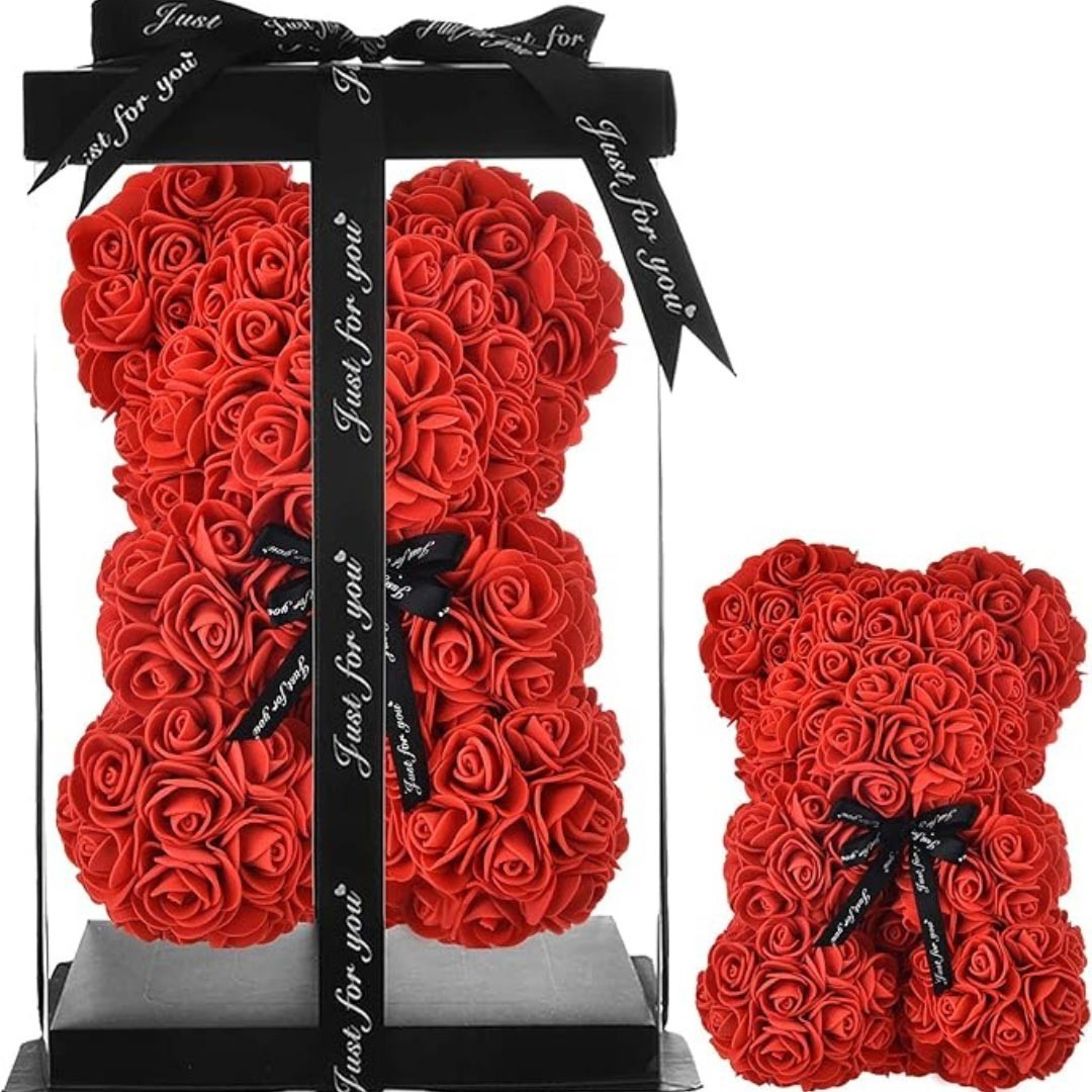 Orsetto rosso di rose altezza 25cm Tenerava art.527 in scatola trasparente con fiocchetto nero con frase