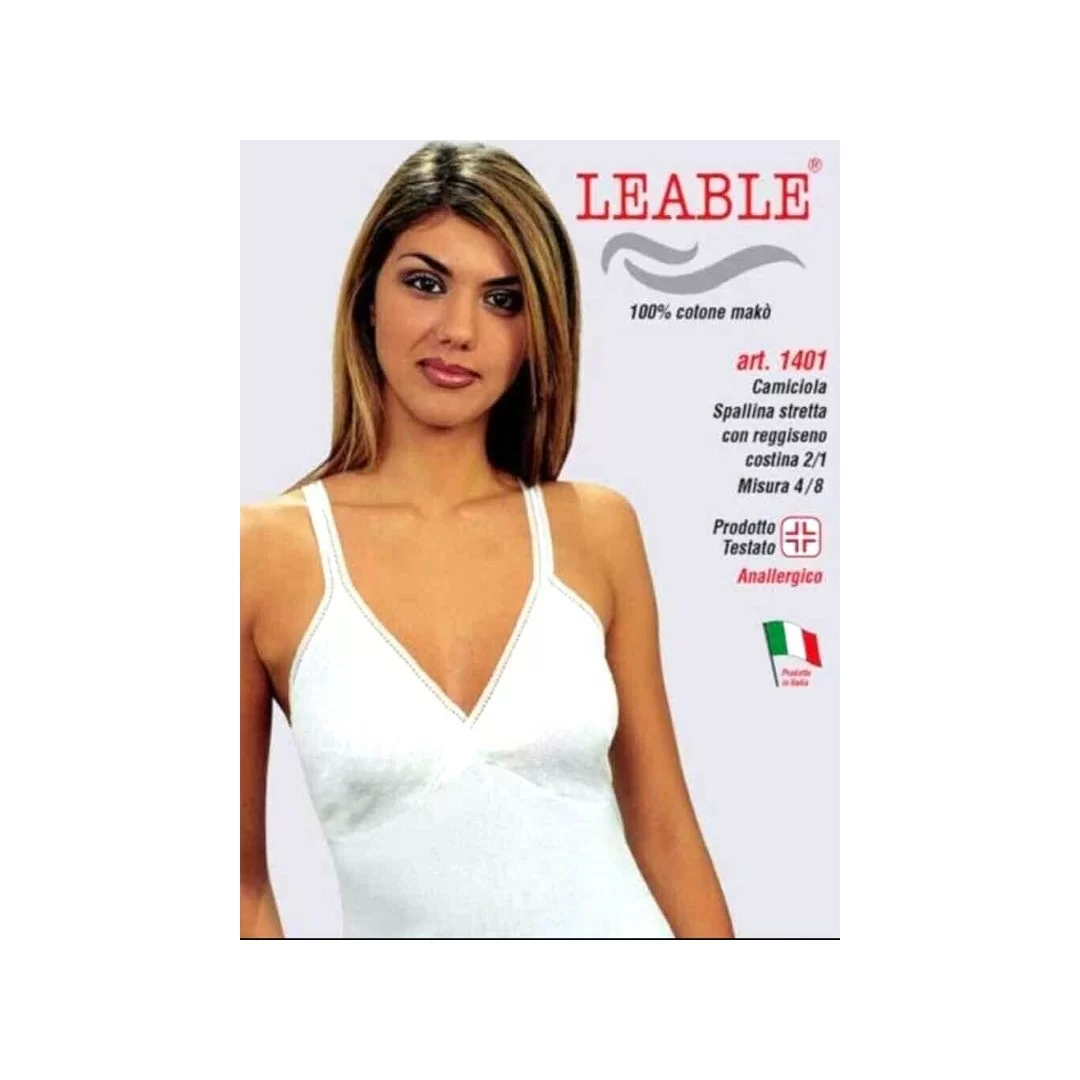 Set 2 pezzi Canotta Leable art.1401 bianca a spalla stretta in cotone con reggiseno bianco