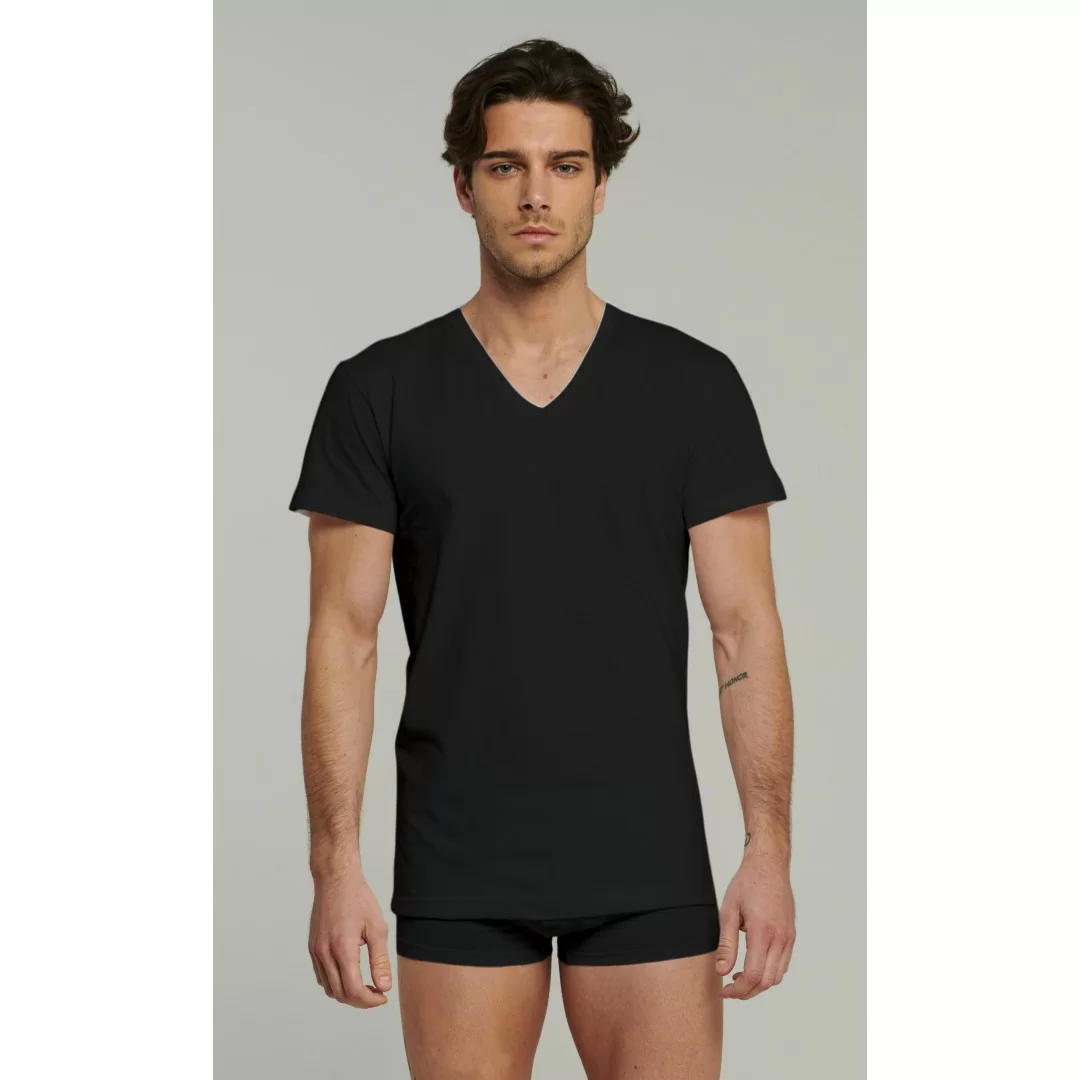 T-Shirt da uomo comfort size con scollo a V e manica corta Kissimo Biancaluna art.WT112 in tinta unita