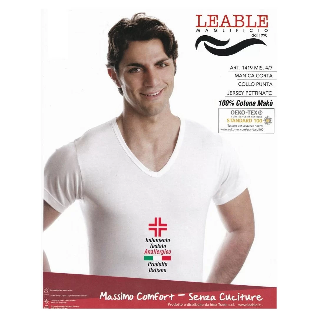 Set 2 pezzi maglia intima da uomo Leable art. 1419 in 100% cotone makò con scollo a V