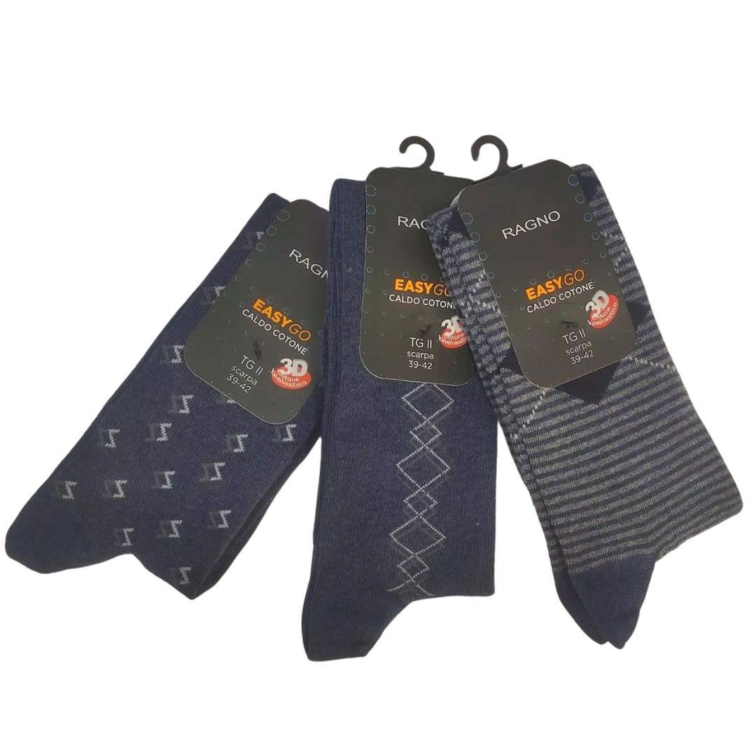 Set tris calzini lunghi sotto ginocchio da uomo Ragno Easy Go art. U757CS in caldo cotone Grigio con fantasia