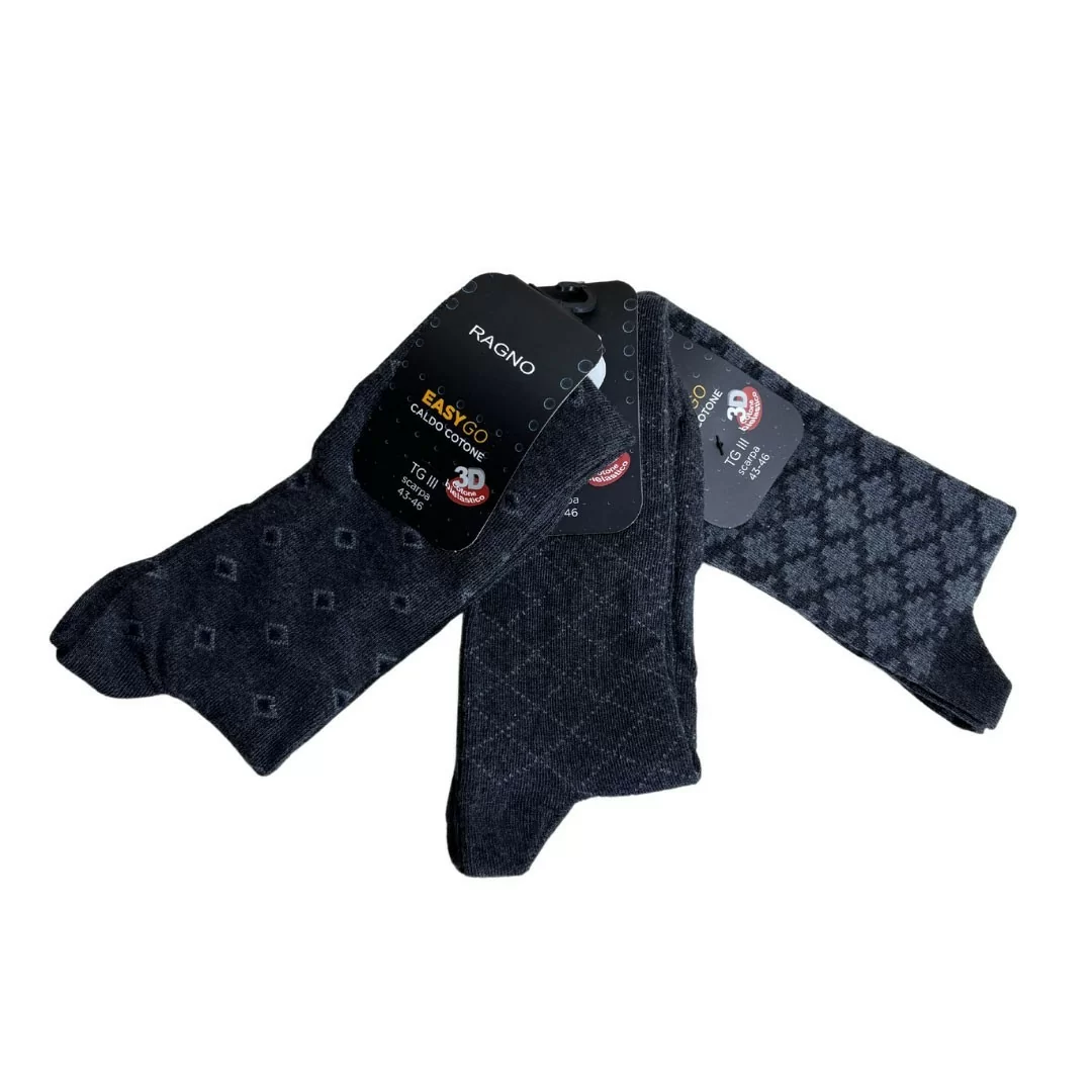 Set tris calzini corti da uomo Ragno Easy Go art. U758CC in caldo cotone Nero con fantasia